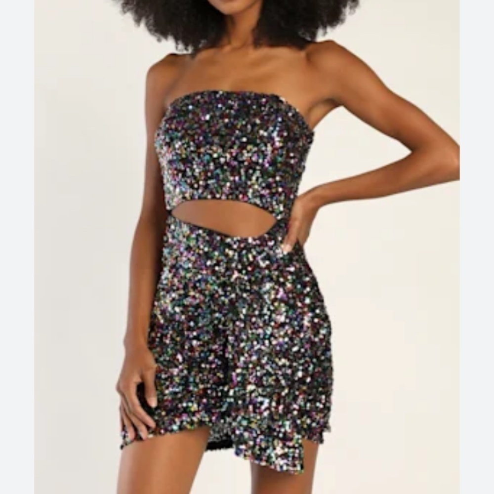 Lulus Multicolor Sequin Strapless Cut Out Mini Dress Party Cocktail Size Medium